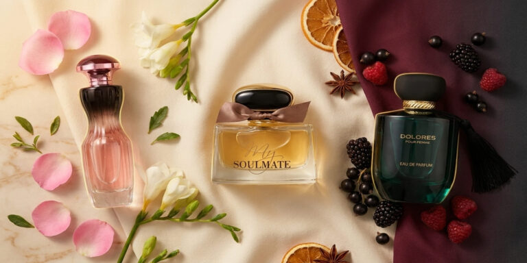 Comparatif parfum femme Maroc : Dolores, My Soulmate et La Nuit Rose Fragrance World côte à côte